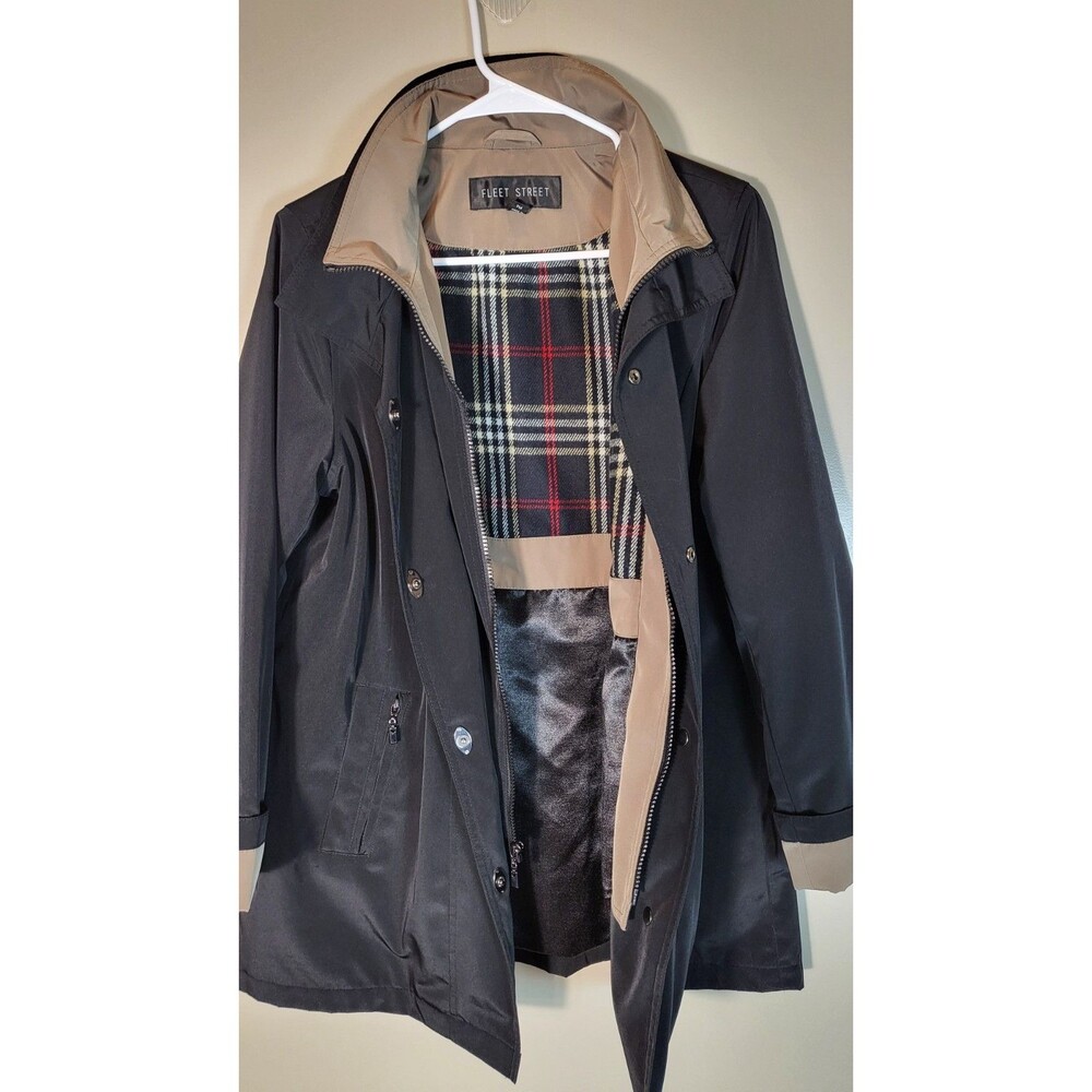 Fleet Street Women PM Black Raincoat Removable Plaid Liner Petite Trench Jacket - Picture 6 of 10